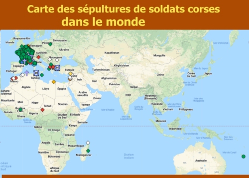 Carte des lieux de sépultures des soldats corses
